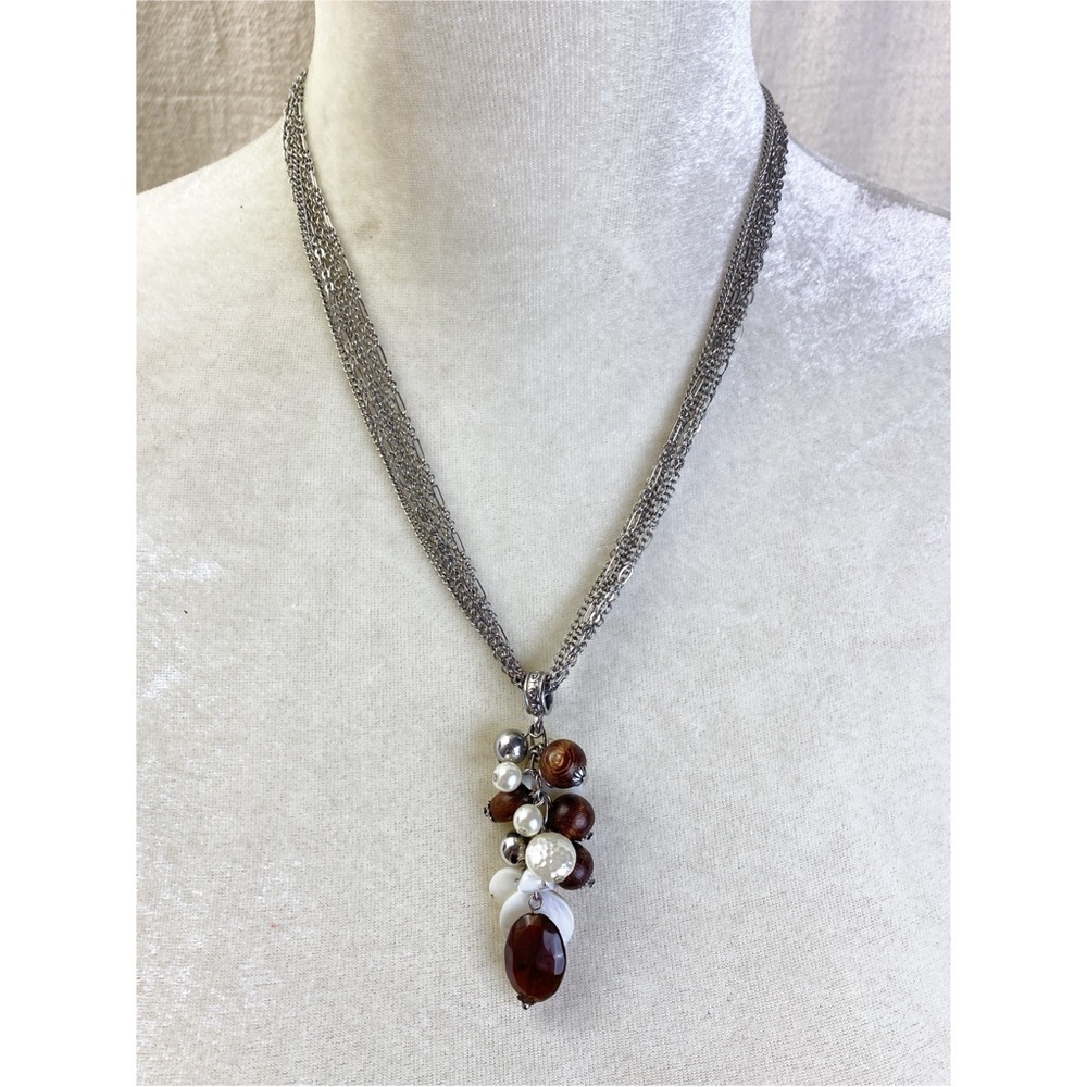 Chicos multi strand silver chain necklace wood and shell bead cluster pendant